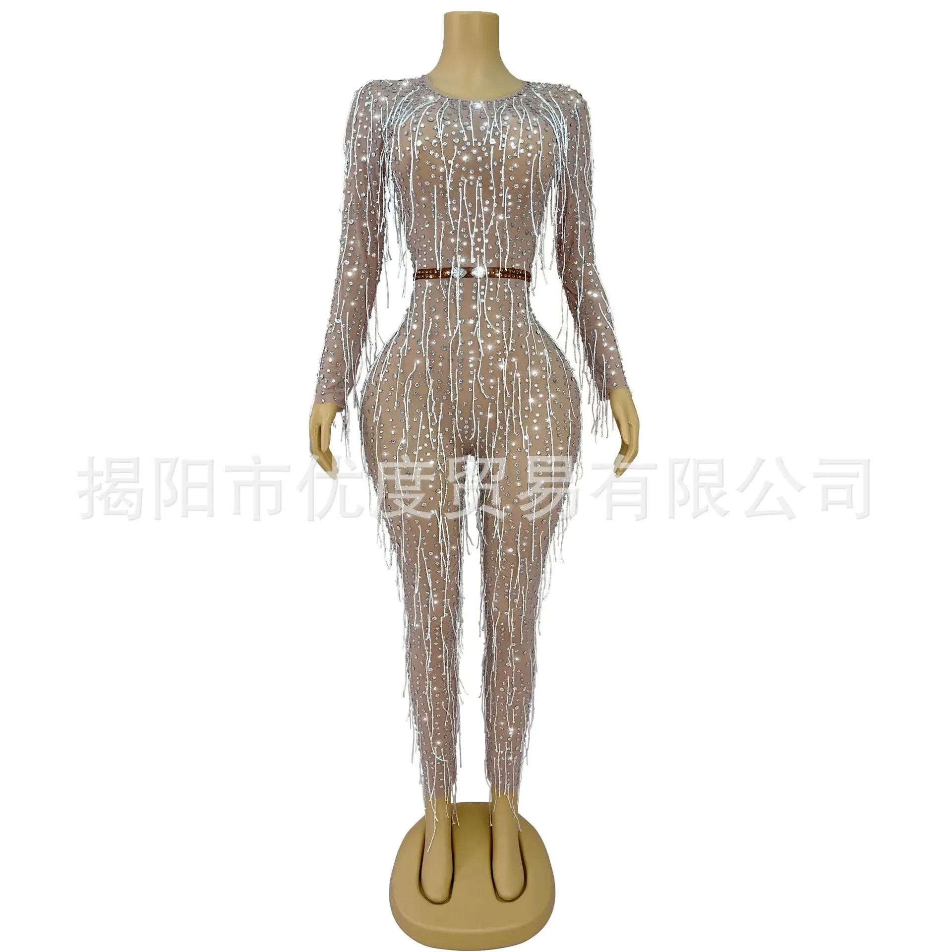 

Personalized Slim Fit Handmade Rhinestone Fringed Dress DJ Cocktail Party Performance Party Sequined Jumpsuit Vestido Luxo Festa