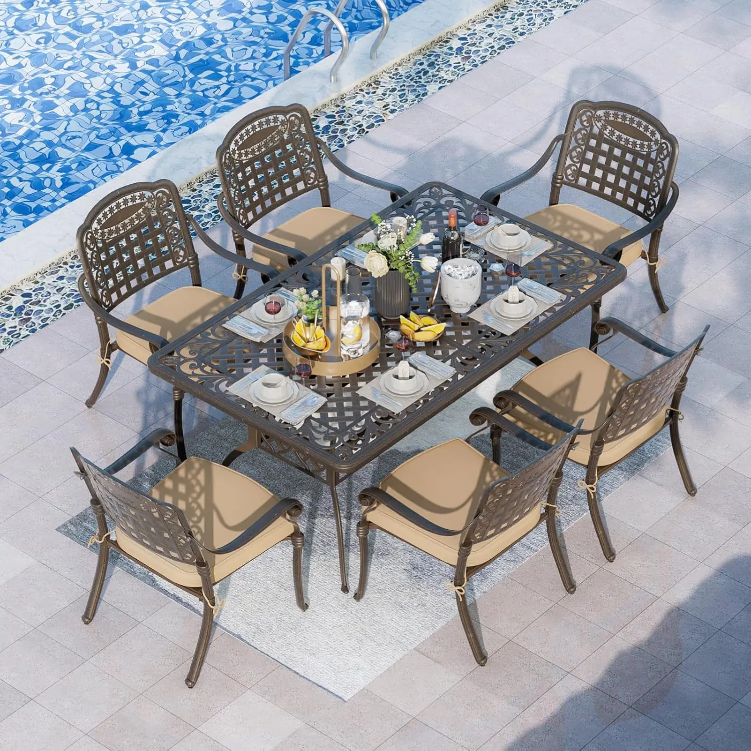 

7 Piece Cast Aluminum Patio Dining Set with Cushions for Outdoor Garden Deck Poolside, Customized
