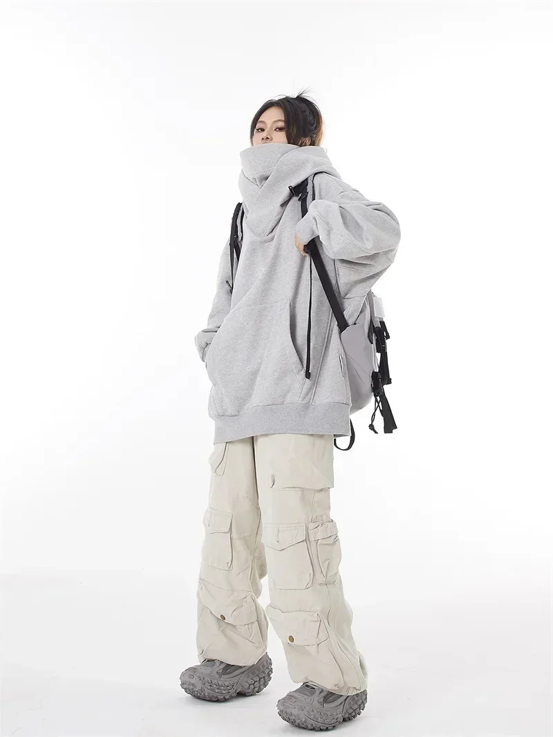 Herren Einfarbiger Ninja-Hoodie, Vintage Fleece-Gefütterter Sweatshirt, Japanischer Hip-Hop Streetwear Oversized Großer Kapuzenpullover – Detail 10