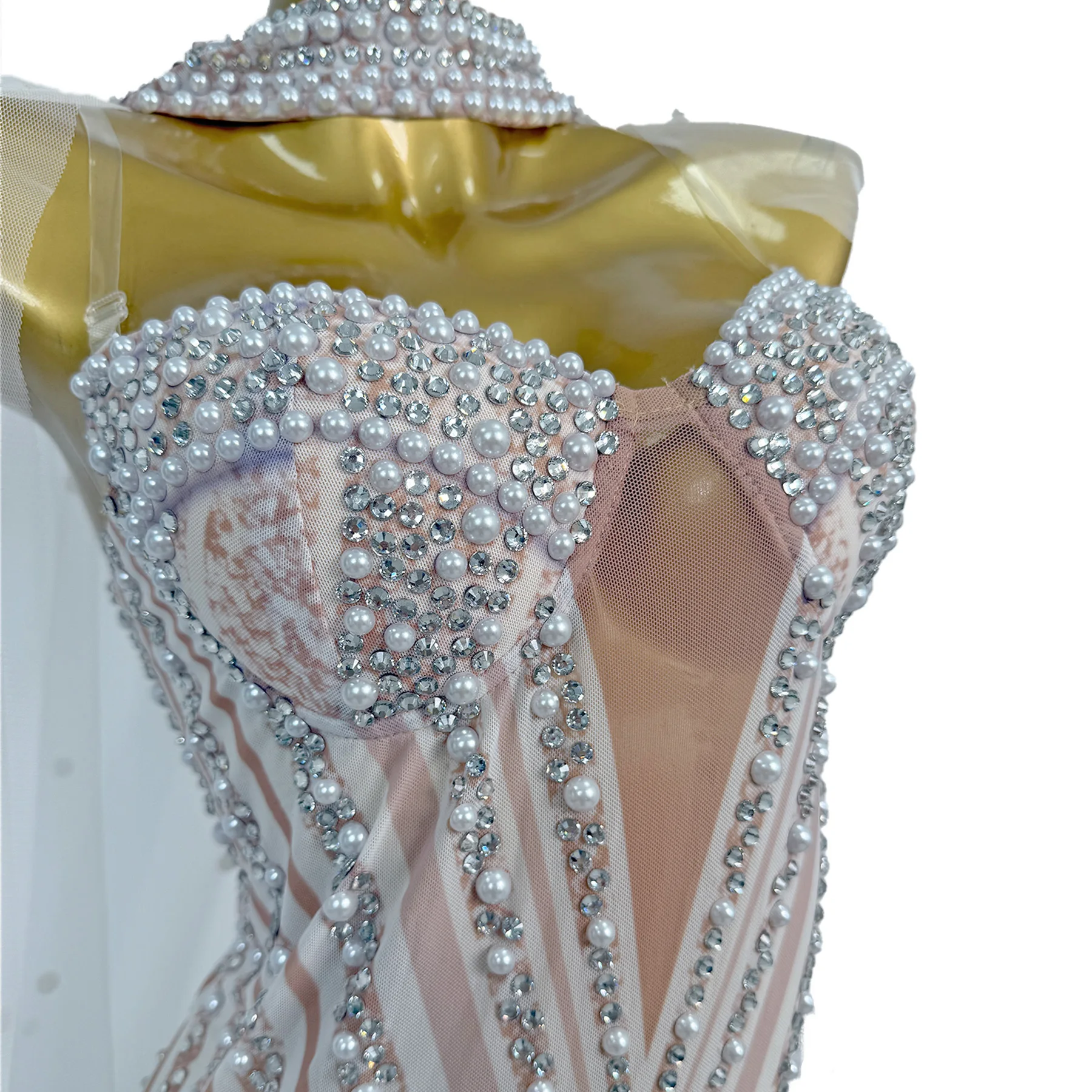 Pixing النساء فستاين سهرة/فساتين الحفلات تألق اللؤلؤ المياه الماس معلقة الرقبة الأبيض شبكة عباءة فستان فاخر مأدبة فستان حفلة عيد ميلاد #5