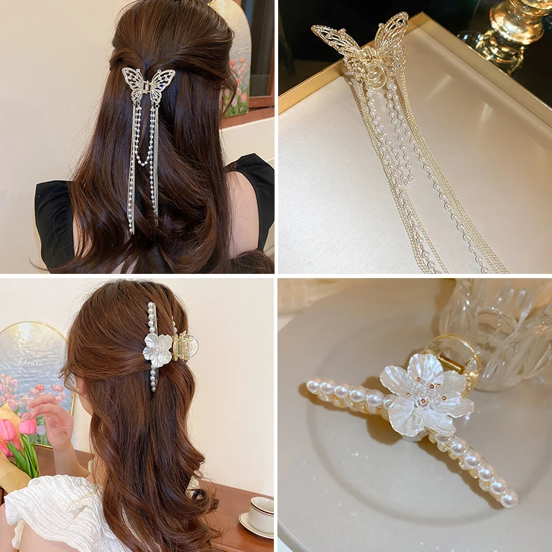 1/2 قطعة مشبك شعر فراشة أنيقة كليب مع شرابة طويلة المرأة موضة تقليد اللؤلؤ قذيفة القرش مخلب دبابيس الشعر أغطية الرأس