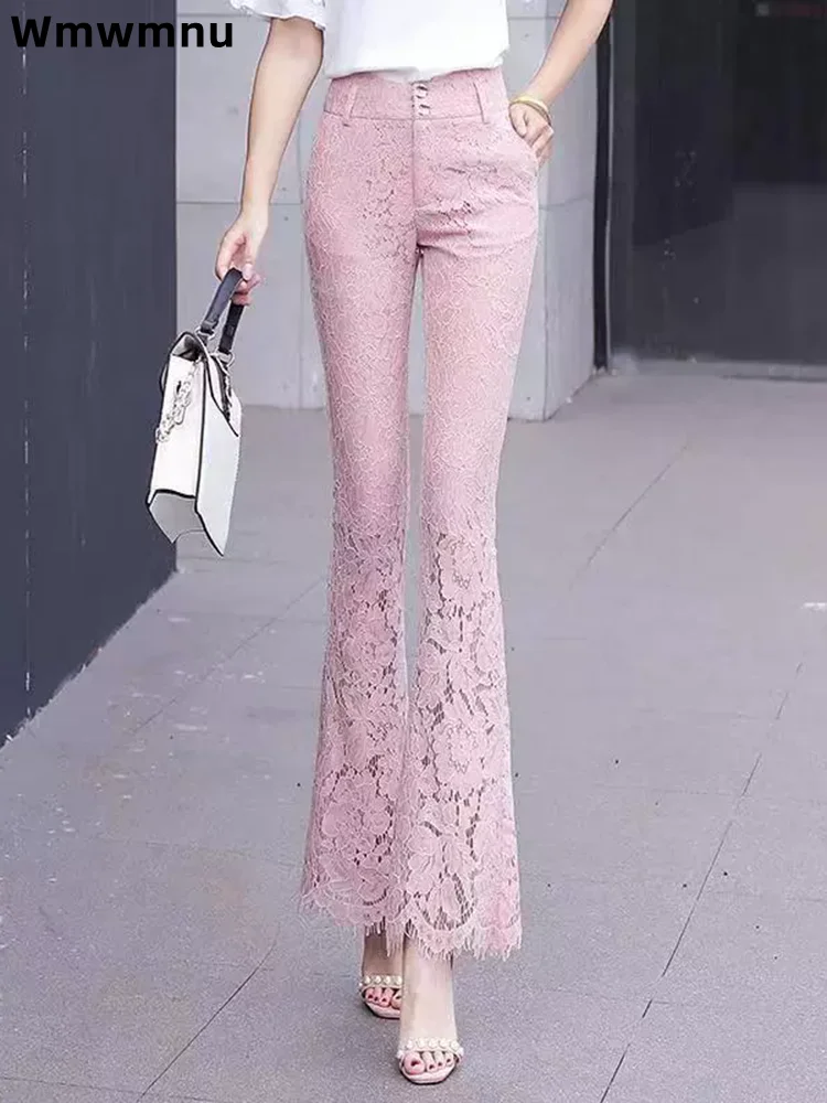 Lace Bootcut Ankle-length Pants Women's Casual High Waisted Pantalones Thin Straight Loose Fashion Korean Trousers Hosen