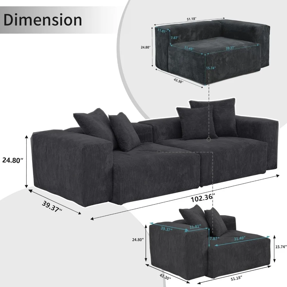 Canapé sectionnel modulaire en tissu velours côtelé avec 4 oreillers, causeuse respirante, housses de coussin confortables et parfaites