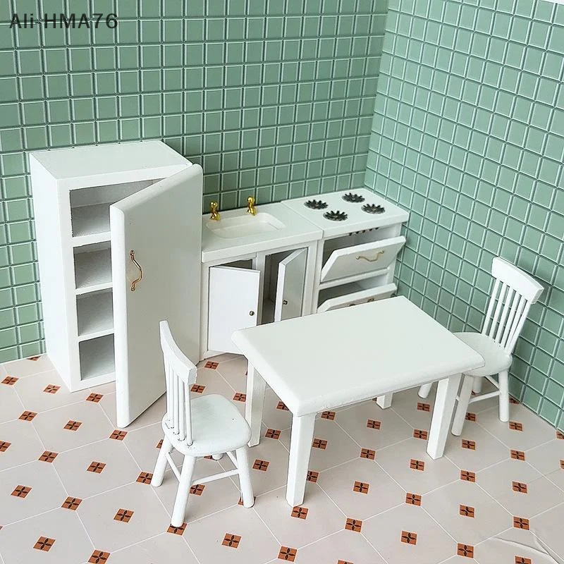

6Pcs/Lot 1/12 Dollhouse Miniature Wooden Furniture Set Toy Dollhouse Kitchen Stove Refrigerator Table Chair Kit Toy for Children