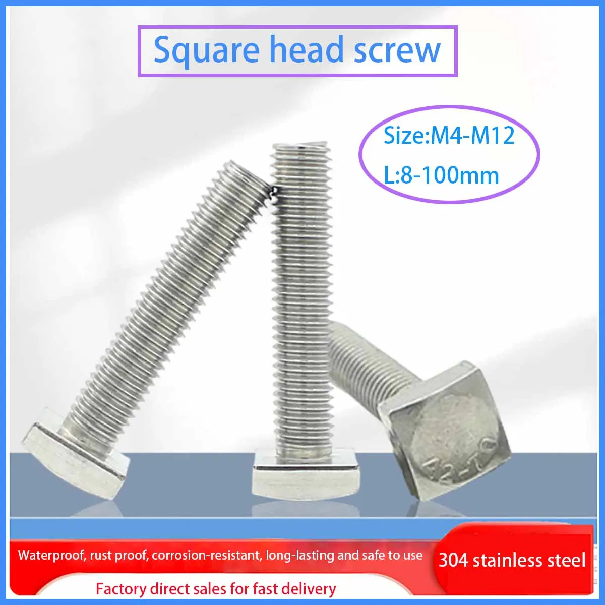 

GB35 C Grade Square Head Screws 304 Stainless Steel Structural Square Bolts Studs M4 M5 M6 M10 M12