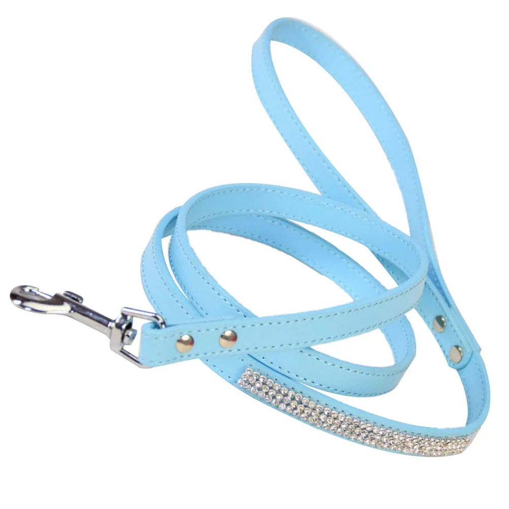 

PU Dog Leash Rhinestone Studded Hot-Fixed Craft Flexible Diamond Small Dog Walking Training Leads Blue for Jogging