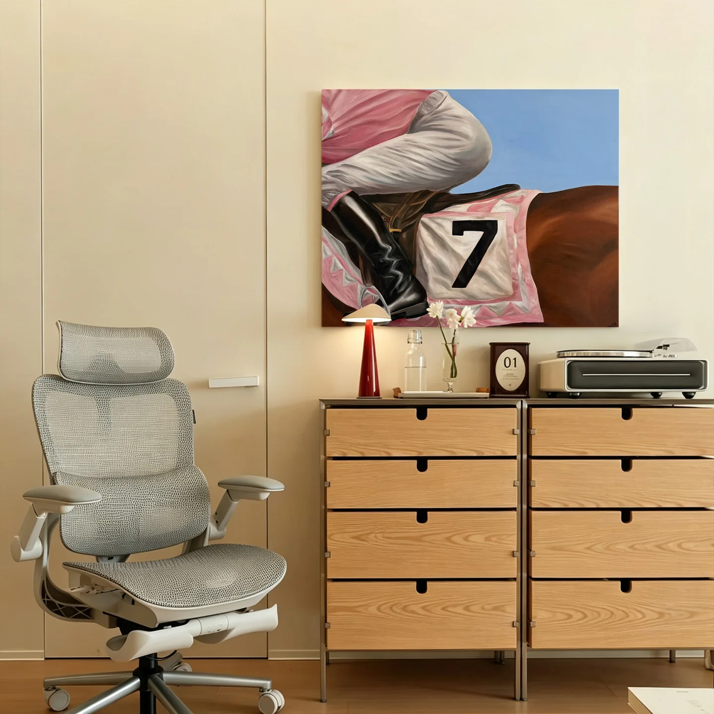 Horse Racing Jockey Canvas Wall Art, Pink Number 7 Racehorse Painting Print, Vintage Equestrian Poster, Modern Home Decor for Li