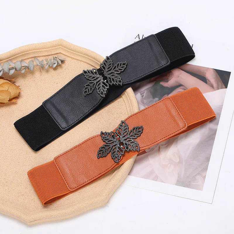 Women's Luxury Fashion Loose Tight Waist Seal Flower Buckle Elastic Waistband Down Sweater Dress Accessories Belt for Woman