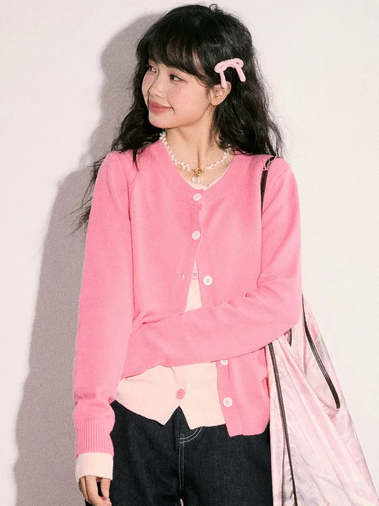 

Slim Fit Knitted Sweater Coat Women's Spring Faion Cr Kitten False Two-Piece round Ne ort Length Sweet Sle Top