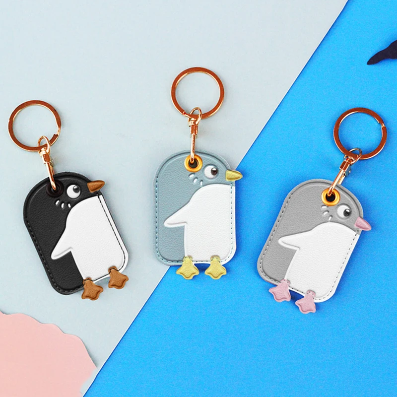 Cute Penguin Keychain Girl Boy Kawaii Access Card Leather Case Key Ring Holder Pendant Airtag Anti-lost Case Creative Best Gift