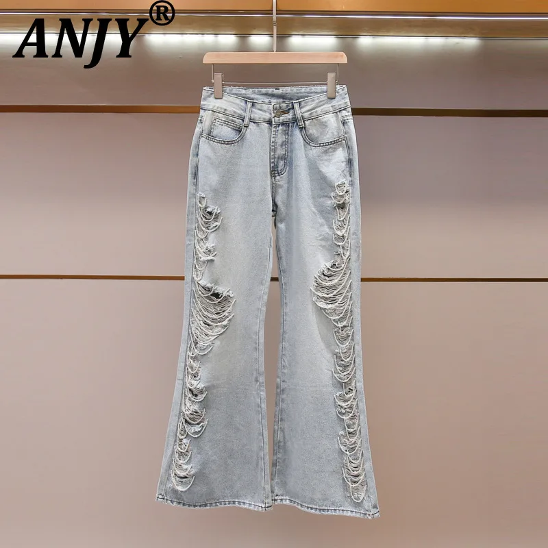 ANJY Spring Autumn New Women High-end Embroidered Flares Ripped Design Slim-fit Bootcut Jeans Washed Chic Patchwork Pants A28532
