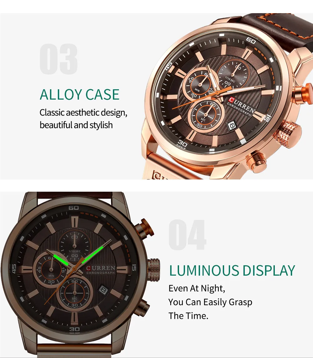 CURREN 8291 Herren-Quarz-Chronographenuhr, lässige Leder-Militär-Sport-Mode-Gentleman-Armbanduhr – Detail 5