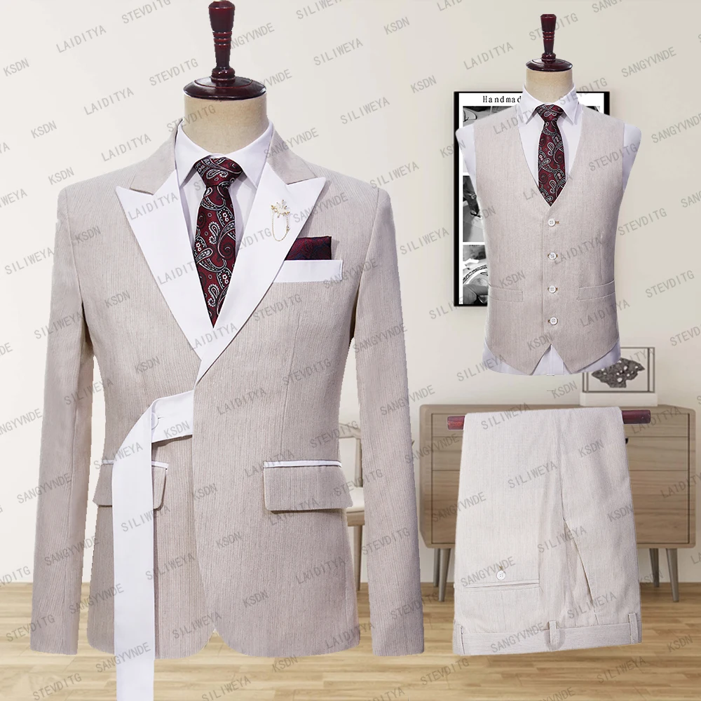 2023 Blazer Men's Suit khaki Jacket with White Notch Flip Tie White Belt Formal Business Coat 3-Piece Set (Jacket+Pants+Vest)