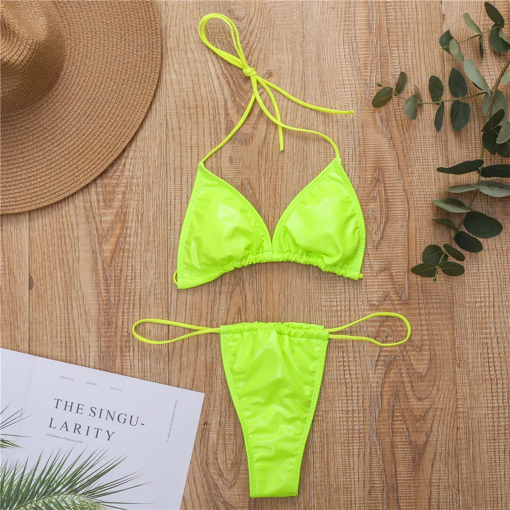 

Summer and Autumn Pure Color Simple Shiny Leather Fabric Triangular Cup Sexy Strap Thong Bikini Swimsuit