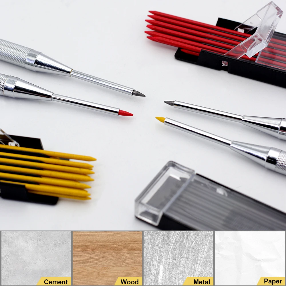 2.0mm Deep Hole Metal Woodworking Pencil Set With 2B Lead Refill,1 Random Pencil Sharpener,Carpenter Marking Pencil Supplies