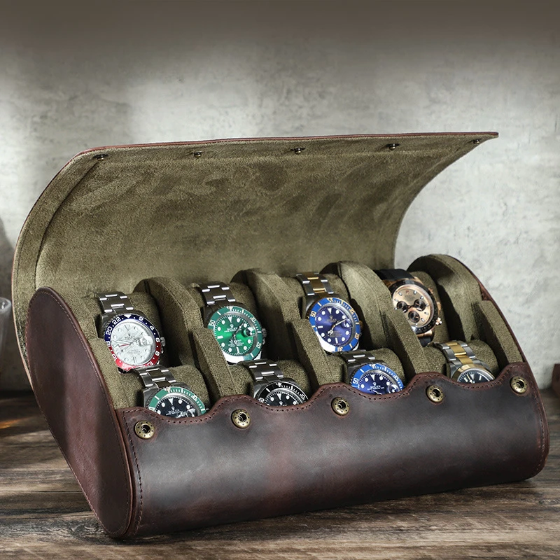 Vintage 8 Position Watch Organizer Box Leather Men Mechanical Wrist Watches Storage Boxes Portable Travel Watch Packaging Case