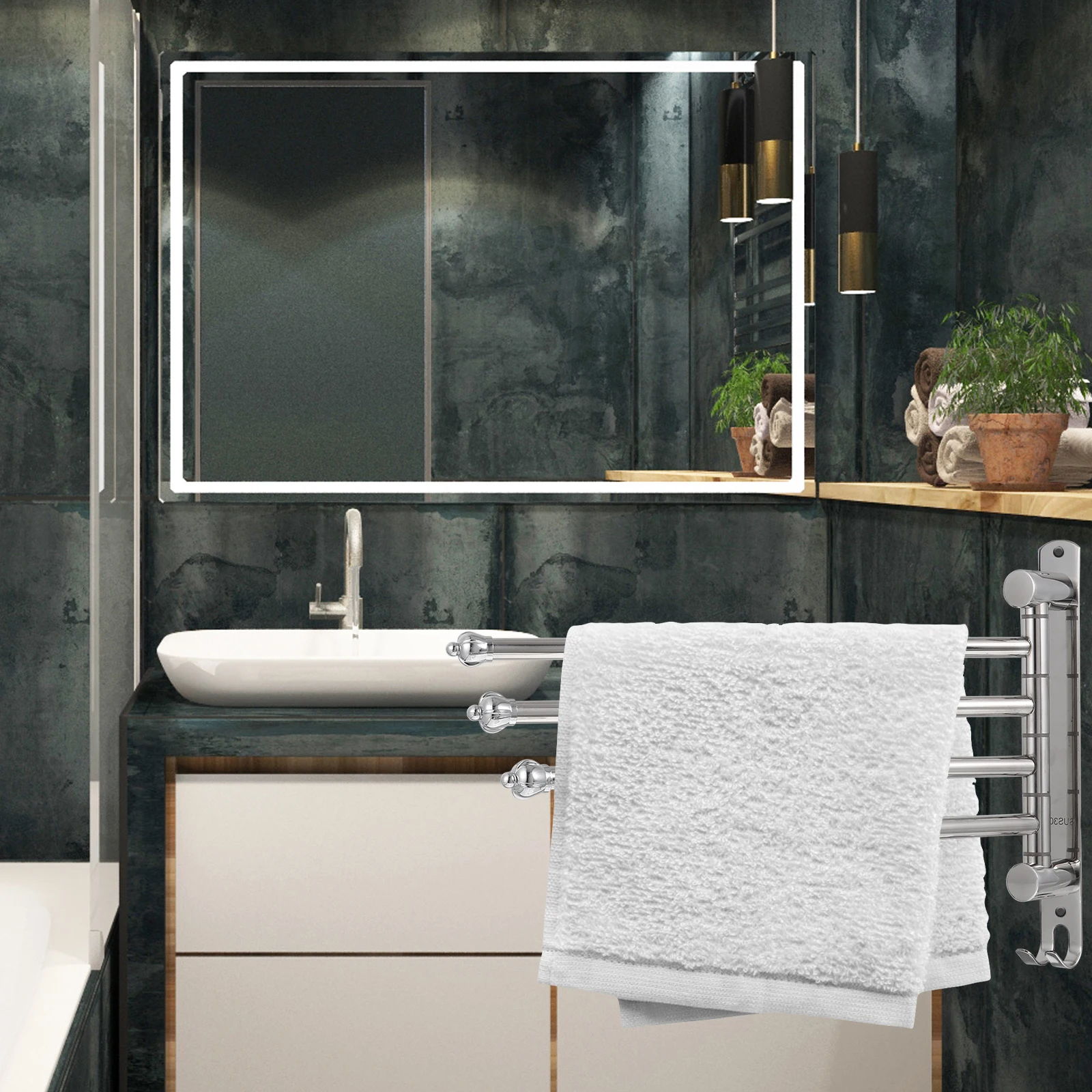 

Stainless Steel Rack Swivel Free Punching Rust Resistant Durable Wall Mounted Bathroom Organizer Double Hooks Crown Rod Design