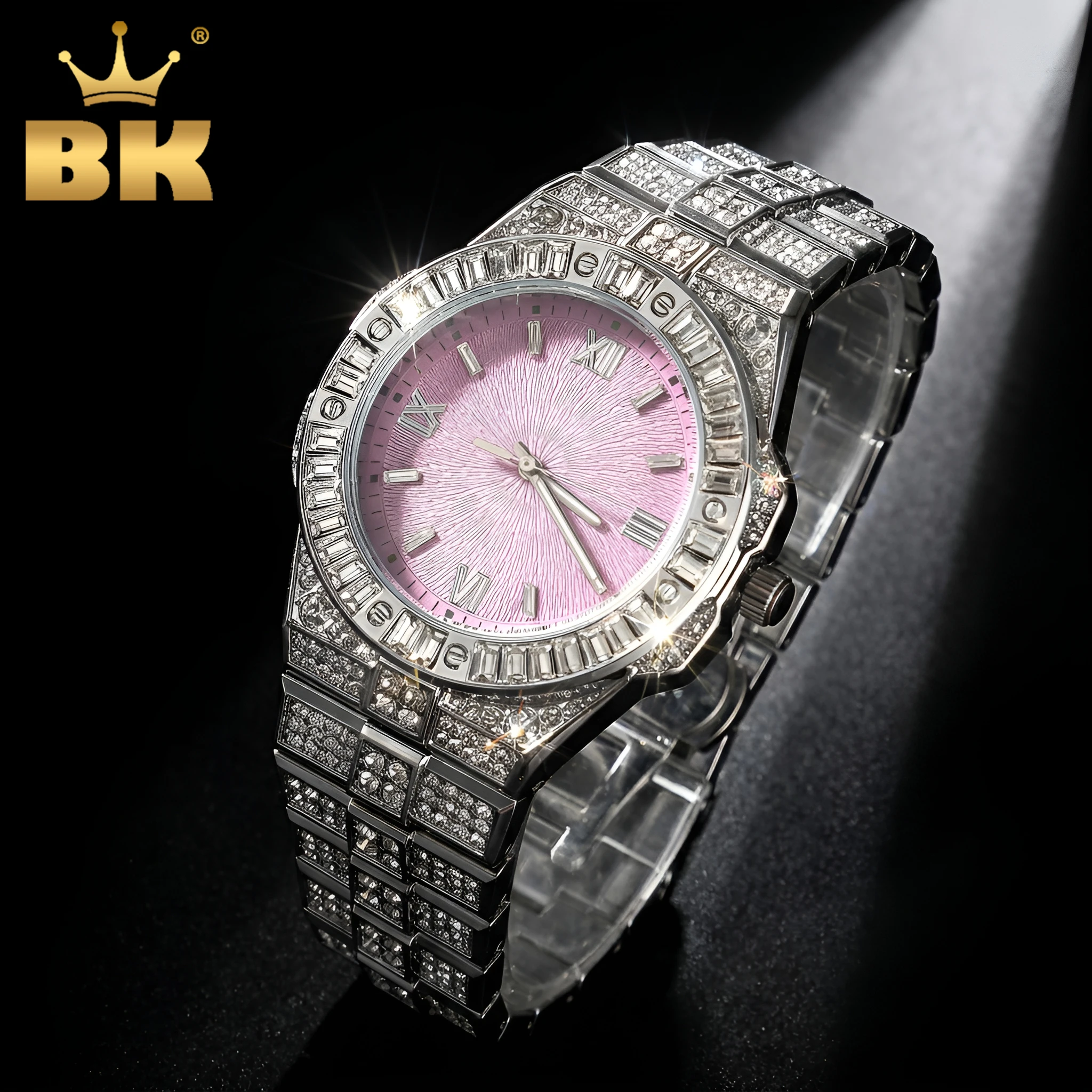 THE BLING KING Pink Blue Dial Watch Iced Out Baguettecz Quartz Clock Business Waterproof Watches Adjustable Links For Men Women