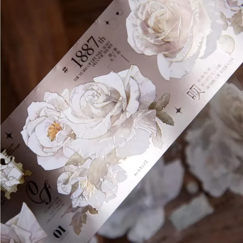 1Roll Rose Literary flowers handbook DIY material PET tape decorative loop stickers Apocalyptic Adhesives Scrapbook 60mm*2m image 2