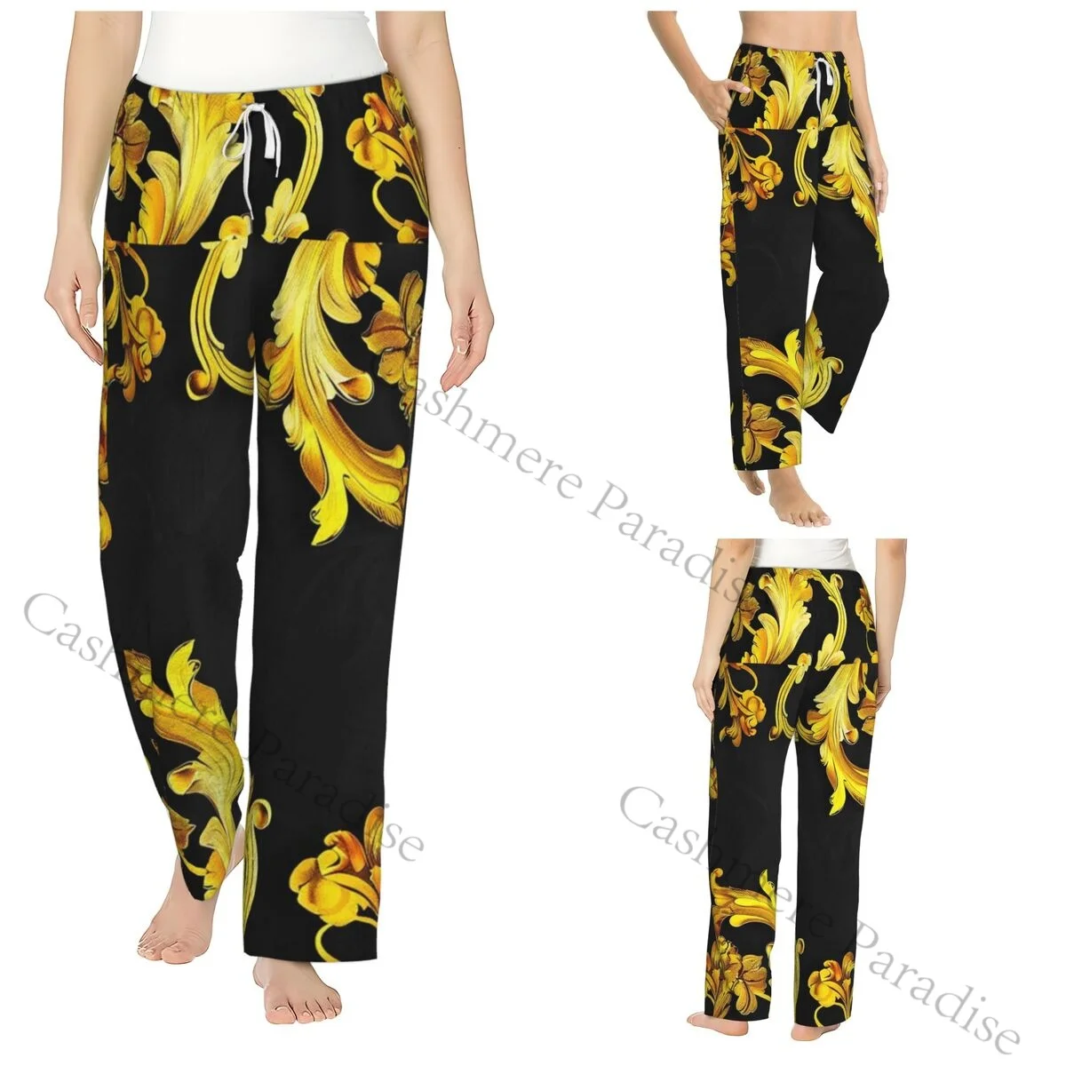 Black Gold Abstract Background Flannel Pajama Pants for Women Soft Warm Sleep Pants with Elastic Waistband