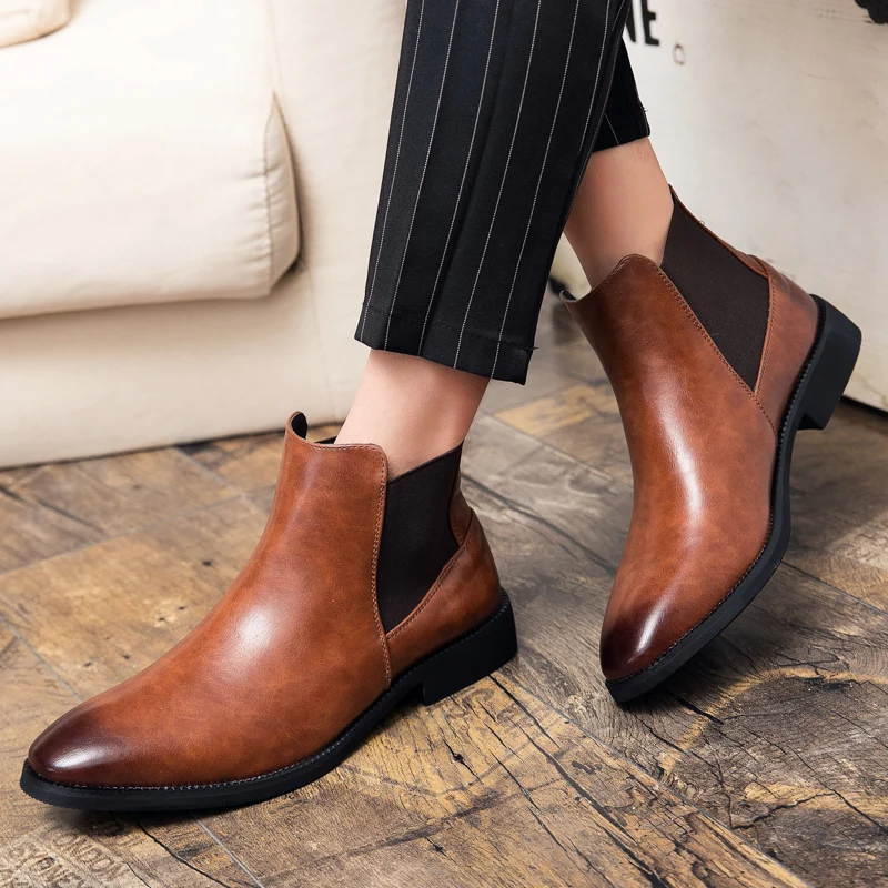 

Men's Boots Business Ankle Boots Red Sole Pointed Toe Dress Boots British High Top Leather Shoes Slip-On Casual Men Chelsea Boot