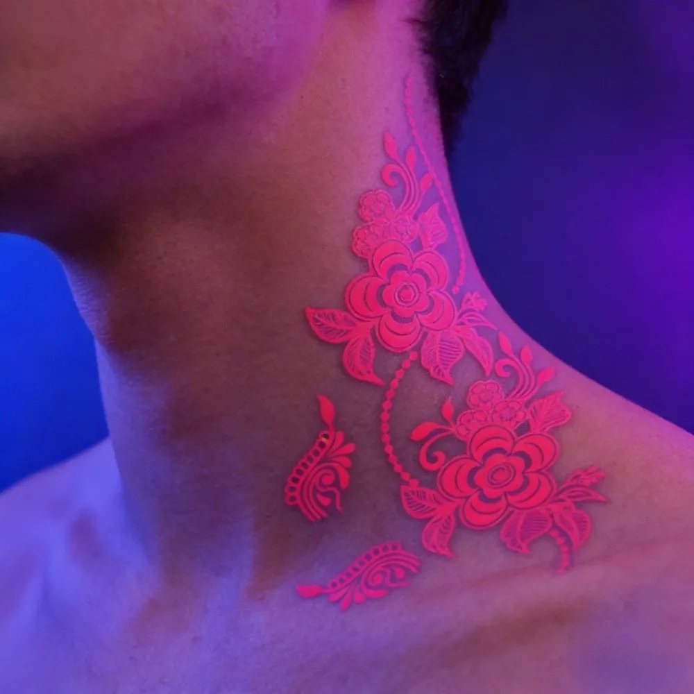 Water Transfer Decals Fluorescence Henna Tattoo Stickers India Mehndi Flower Instant Henna Temporary Tattoo Fake Waterproof