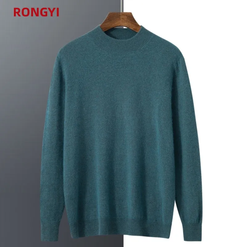 RONGYI Men\'s 100%  Goat Cashmere Pullover Half Turtleneck Sweater Autumn and Winter Warm Solid Knit Sweater Business Casual Top