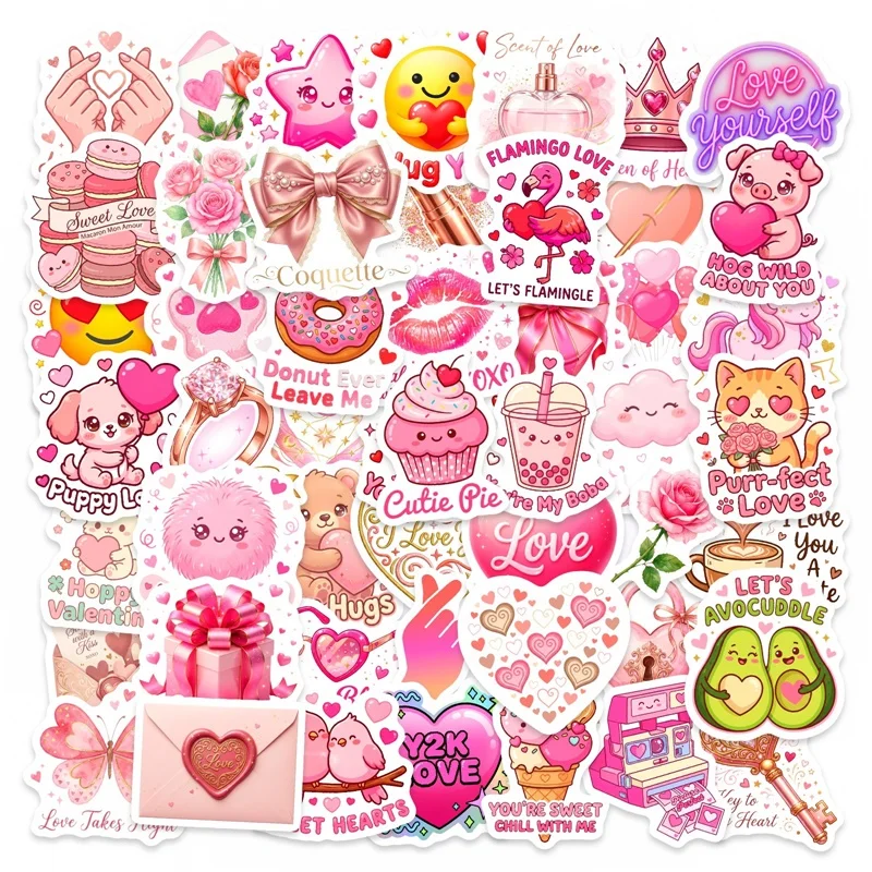 

10/30/50PCS Cartoon Pink Valentine's Day Sticky PVC Sticker DIY Laptop Luggage Skateboard Decoration Scrapbooking for Kids