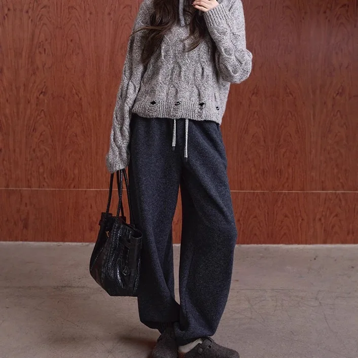 Wool Blend Joggers Two Tone Fleece Lined Cuffed Ankle Pants Elastic Waist Winter