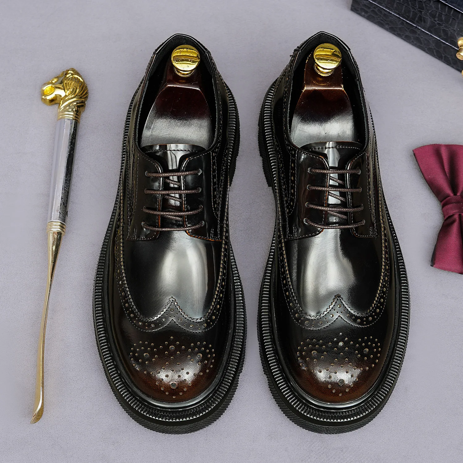 Glossy Genuine Leather Brogues Wingtip Derby Shoes Heavy Thick Bottom Carved Detail Elevator Versatile Lace Up Casual Footwear
