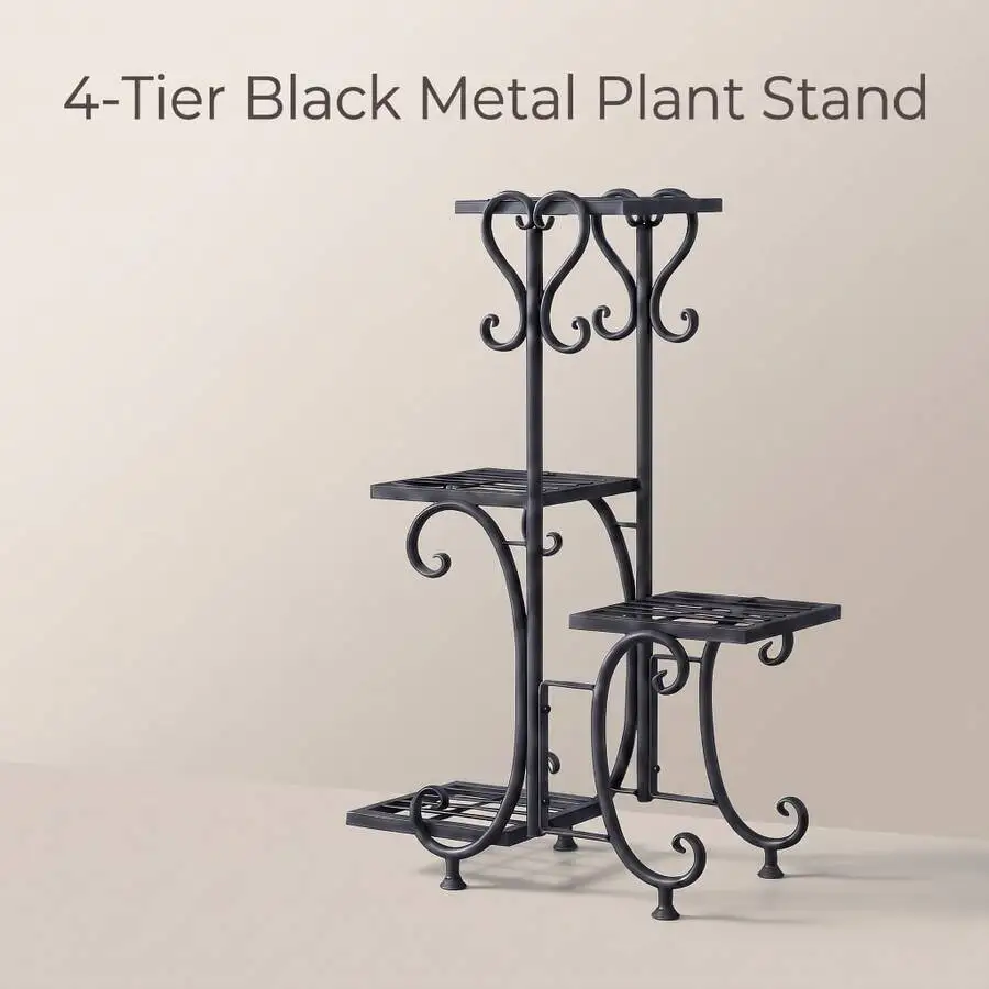 4-Tier Metal Plant Stand With Single Tier Option, Decorative Flower Pot Holder Shelf With Elegant Scrollwork Design, Multi-Level