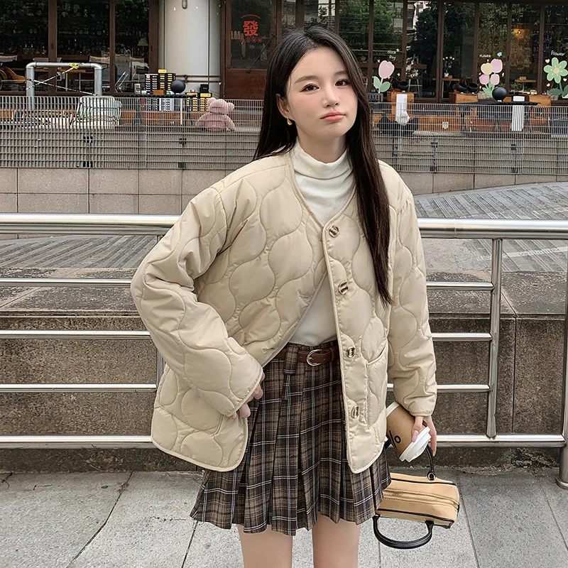 Women's Winter Tops Jacket Cotton Coat Round Neck Button Warm Thickened Vintage Simple Comfortable Casual Niche Versatile Skinny