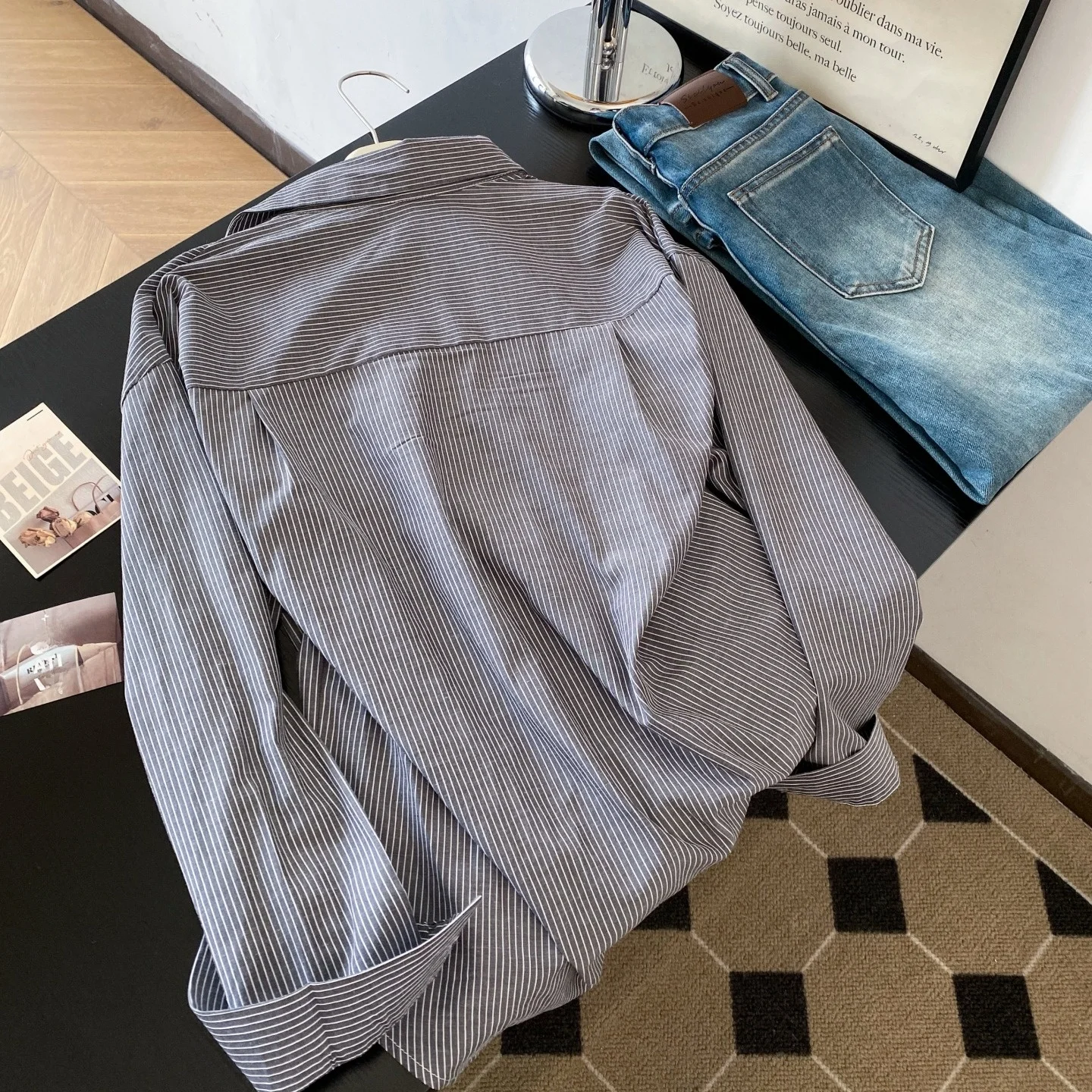 فريد طوق مخطط irt المرأة ربيع الخريف ملابس خارجية تصميم خاص الفرنسية Sle فضفاضة تناسب طويلة Sve الأعلى #4