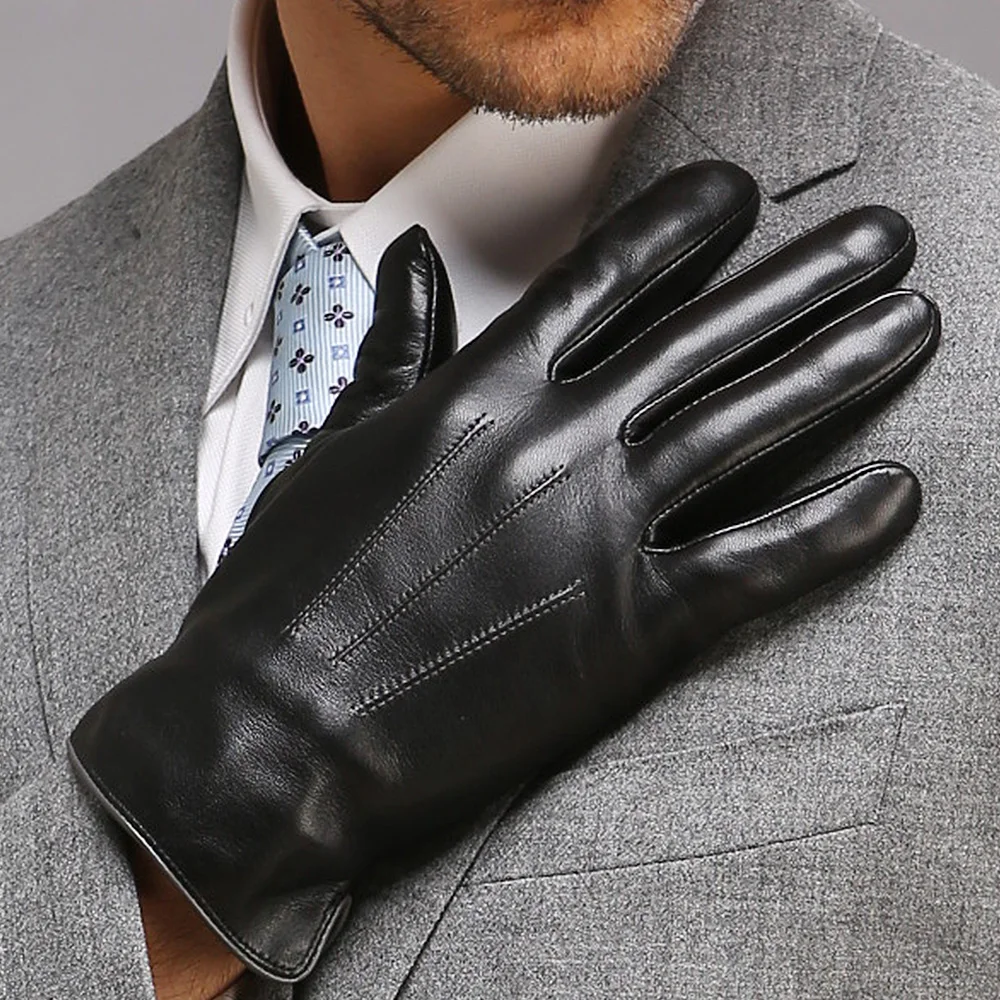 High quality leather gloves New Men's winter touch screen sheepskin gloves Stylish wrist driving gloves EM011-5