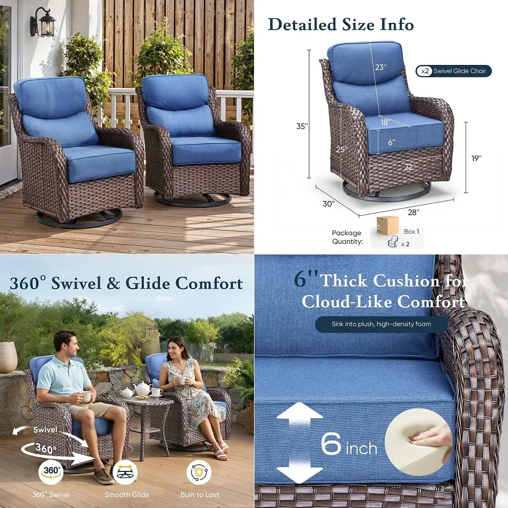 

Luxury 6 Thick Cushioned Outdoor Swivel Rocker Patio Chairs of 2, High Back Wicker Patio Furniture Set with Ergonomic Zone Back