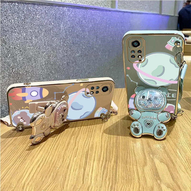 Space Bear Lanyard Holder Case For Xiaomi Redmi Note 11 8 10 9 Pro Max 10 11s redmi 9A 9T 9C 10 Nfc Crossbody Strap Stand Cover