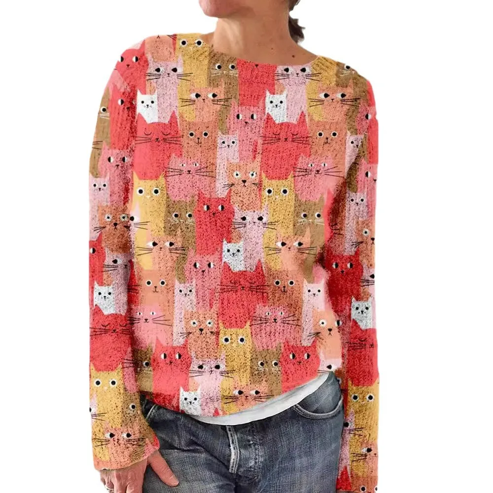 2025 الخريف والشتاء جديد القط طباعة الكتف طويلة الأكمام المرأة سترة عارضة الصوف سترة أوروبا وأمريكا