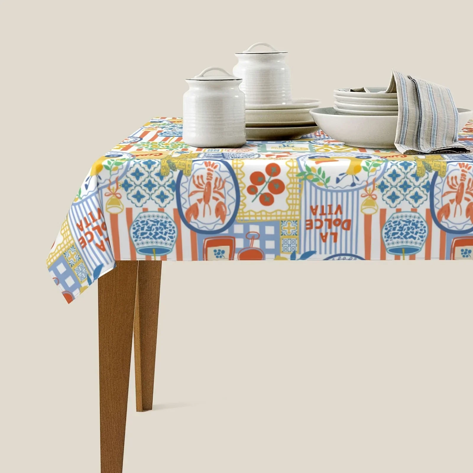 Italian multi-color collage coastal print tablecloth, 