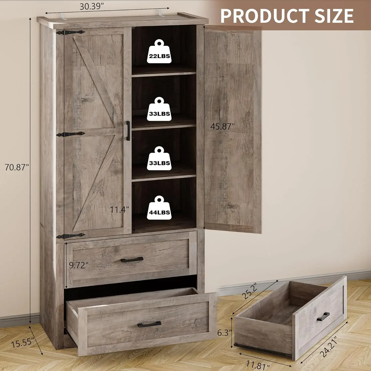 Pantry Organizers and Storage Cabinet, 71” Barn Door White Kitchen Cabinet with Drawers and