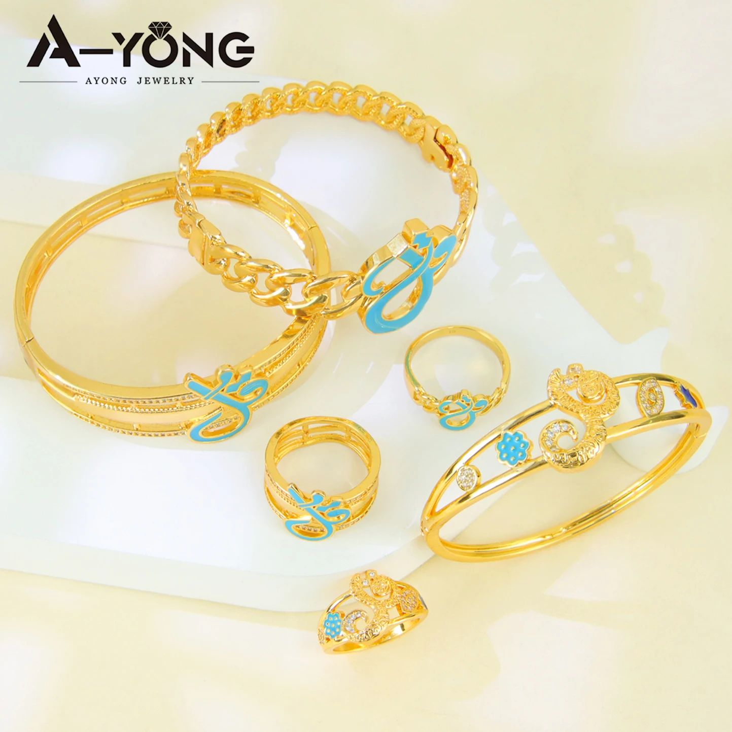 Traditionelles arabisches exotisches Öffnungsarmreif-Set, 21 Karat vergoldet, Naher Osten, klassisches Armband, Ring, Algerien, Damen-Hochzeitsschmuck – Detail 6