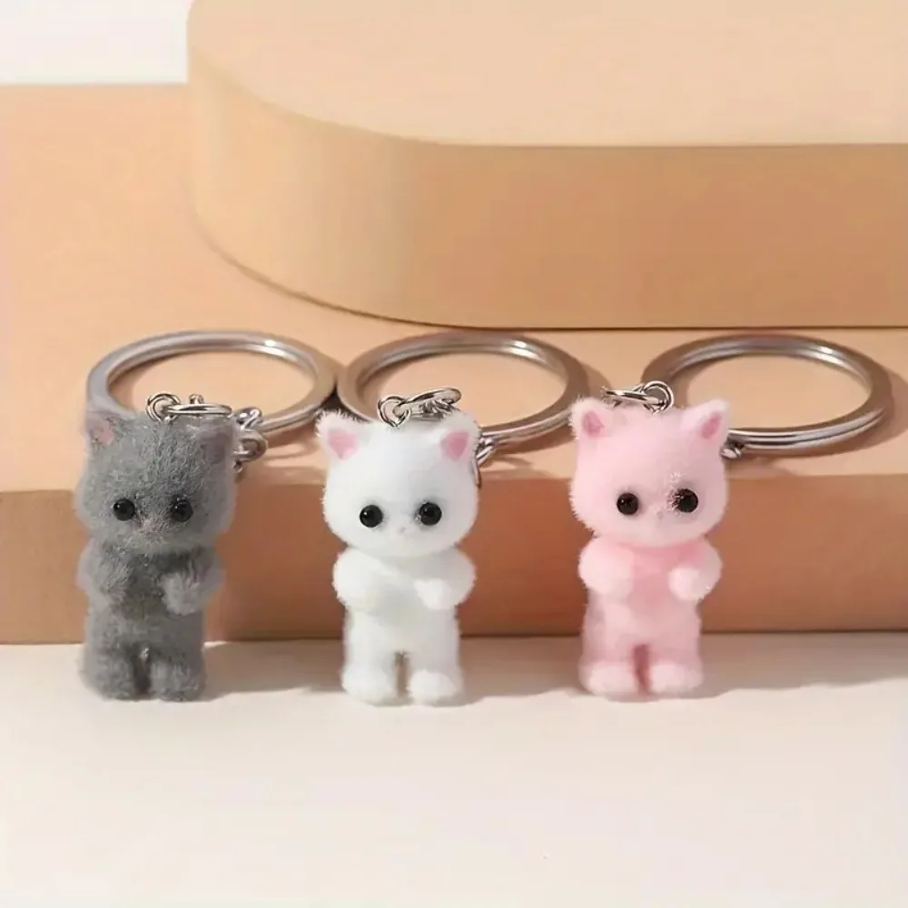 Cute Flocking Animals Cartoon Cats Shape Keychain Resin Dolls Beads Pendant Diy Jewelry Schoolbag Garment Accessories Gift