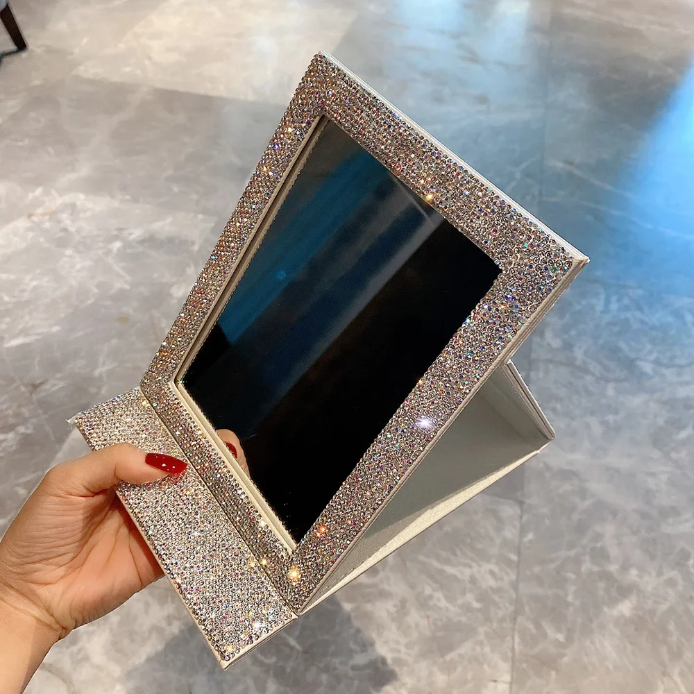 Sparkling Rhinestone Foldable Mirror Rectangle Makeup Mirror Portable Dormitory Desktop Dressing Mirror Bedroom Crystal Mirrors