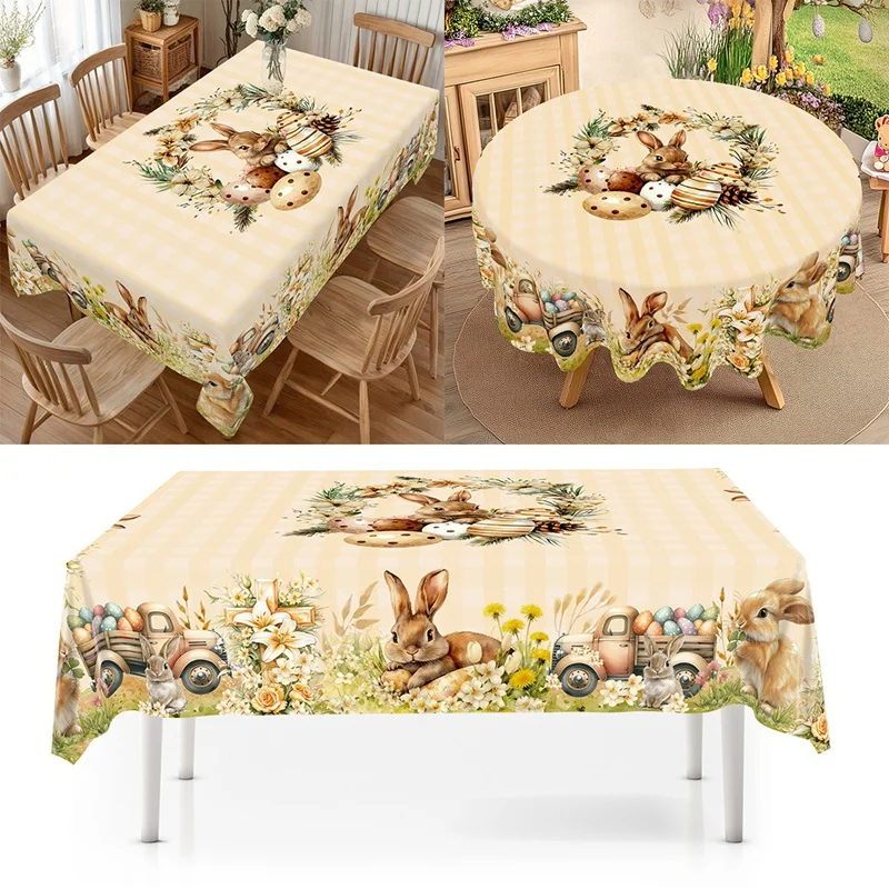 Vintage Easter Bunny Eggs Tablecloths Holiday Party Decor Spring Floral Rectangle/Round Table Cover Easter Decorations for Home
