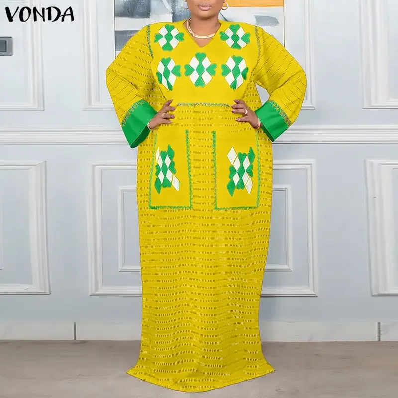 

VONDA размера плюс 5XL богемные женские платья макси с длинным рукавом 2026 осень с v-образным вырезом повседневные свободные вечерние платья с принтом винтажный халат