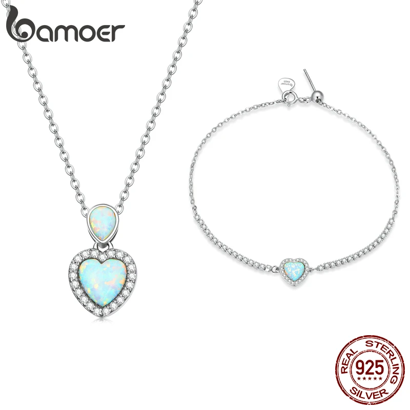 bamoer Fashion 925 Sterling Silver Clear Opal Heart-Shaped Bracelet & Necklace for Women Sterling Silver Jewelry Set Gift