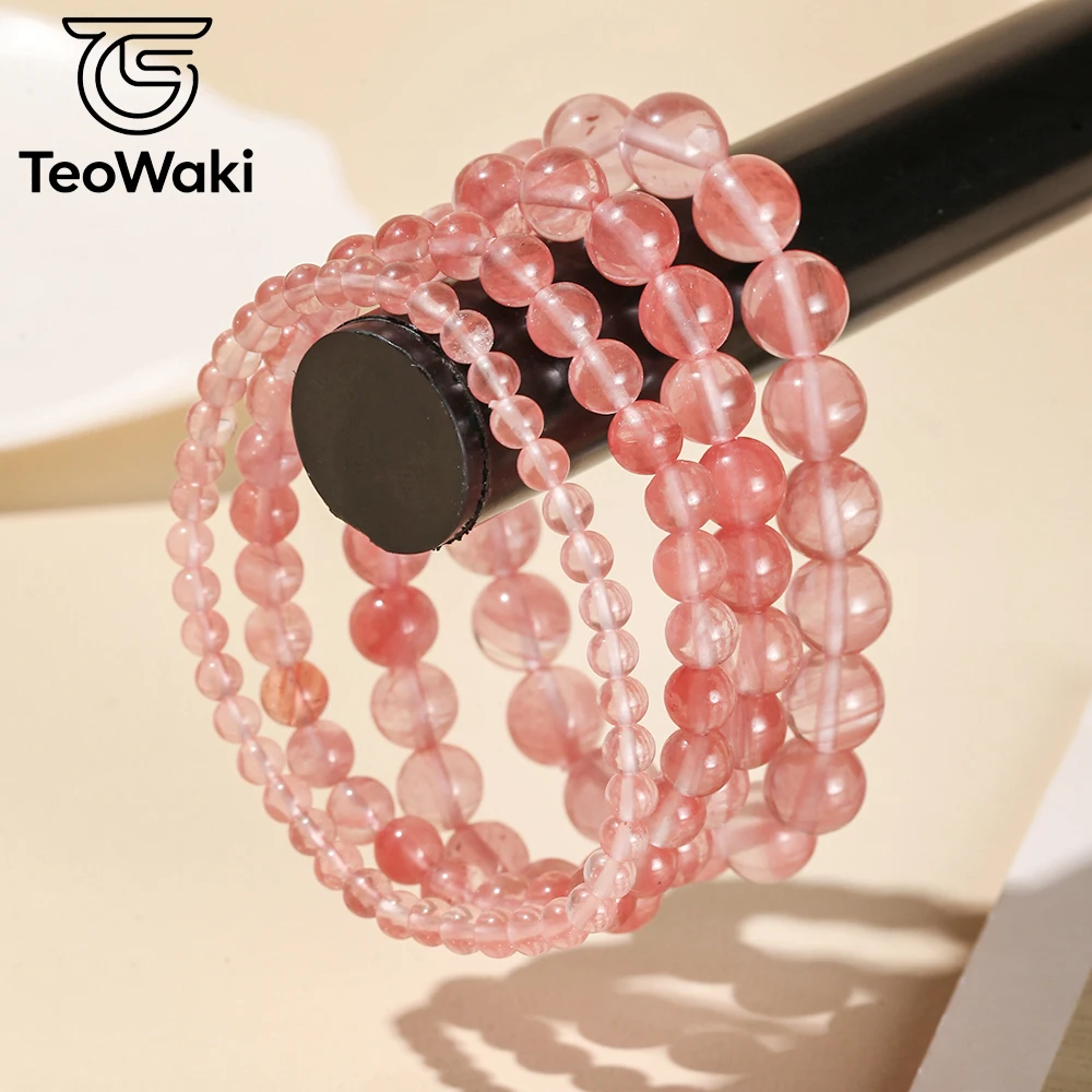 TeoWaki Women Elastic Bracelet 4/6/8/10mm Natural Cherry Quartz Beaded ease inner upset; improve social connections Love stone