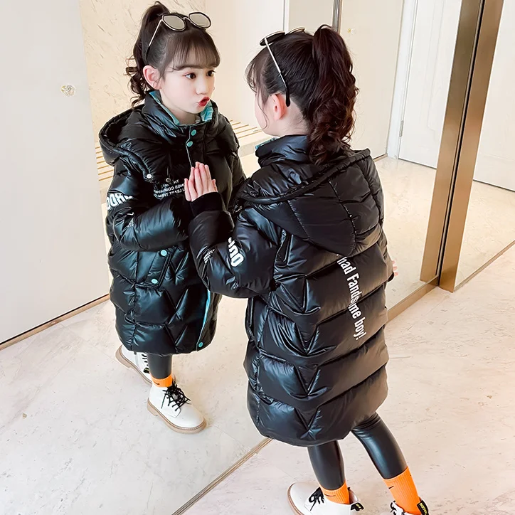 2024 Autumn Winter Jacket For Girl Waterproof Hooded Shiny Thick Warm Girl Outerwear Coat 5-12 Years Kids Teenage Girl Parka