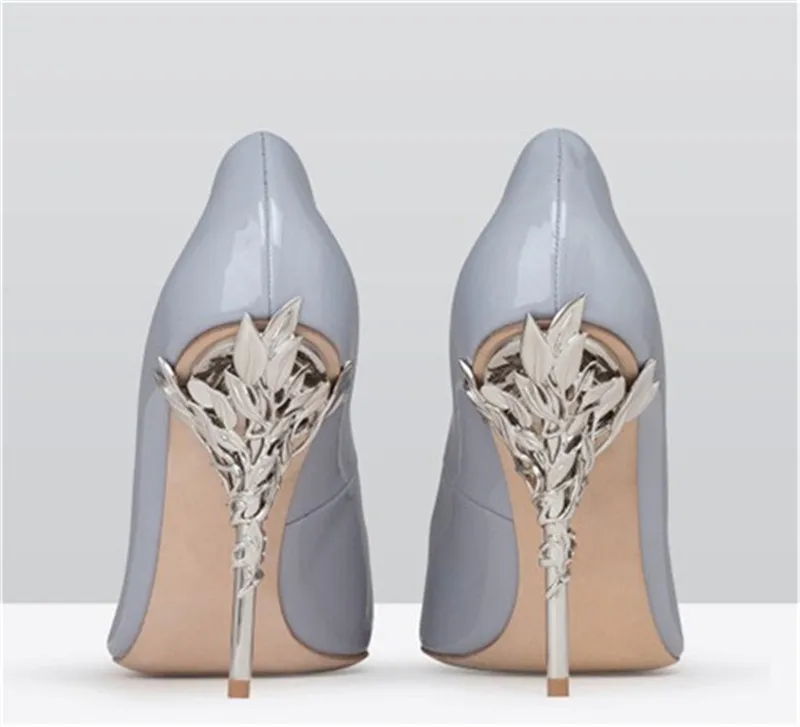 

Light blue Patent Leather Gold Metal Flower Spray Branch High Heel Pumps Red silk Pointed Toe Floral Heels Woman Banquet Shoes