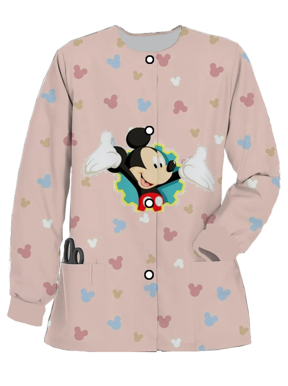 Spring and Autumn Doctor Medical Long-sleeved Scrub Double Pocket Work Uniform Disney Mickey Minnie Print Women's Nurse Uniform