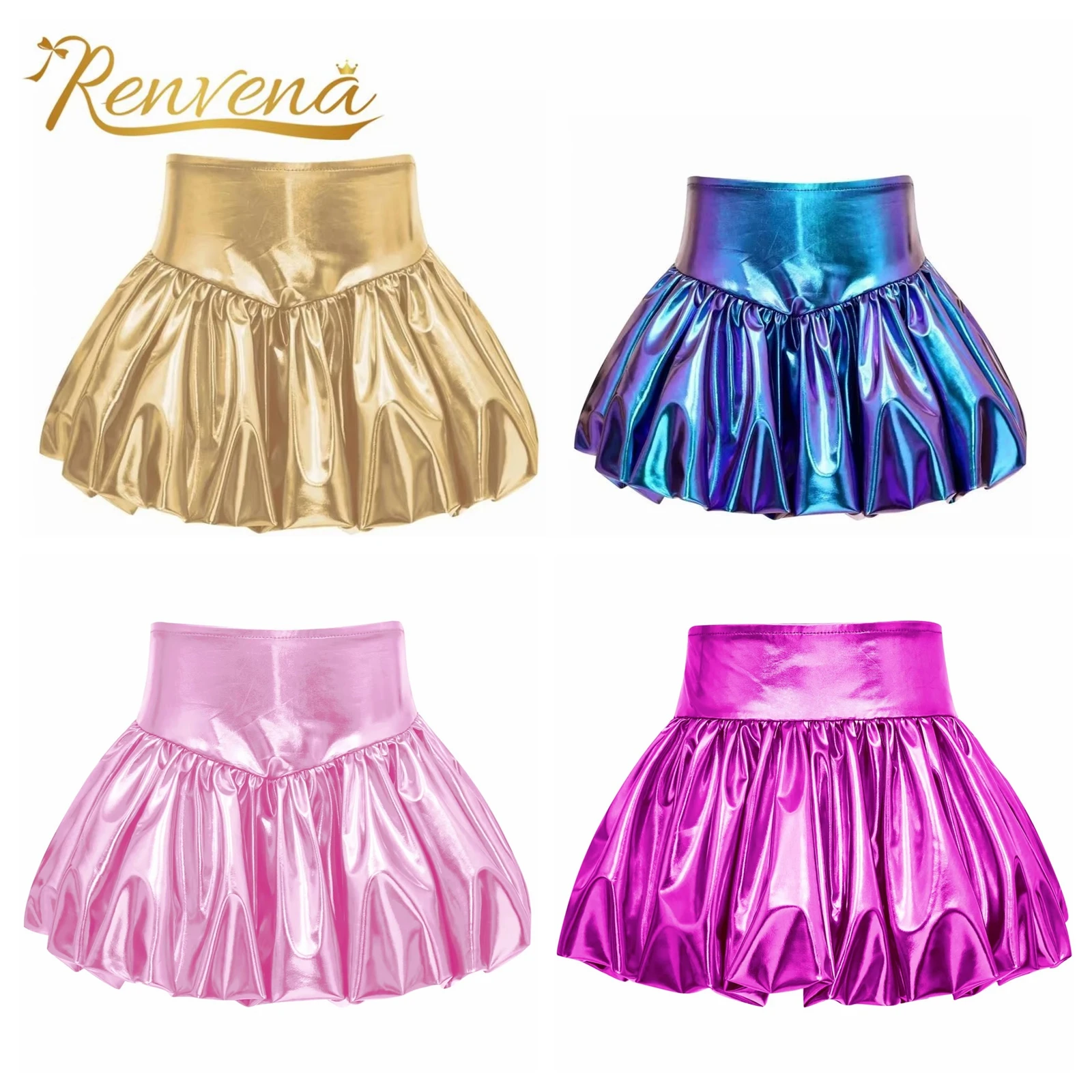 Children's Metallic Mini Bud Skirts Girls Kids Bubble Skirt Disco Outfits Elastic Waist Shiny Skirt Street Dance Party Costume